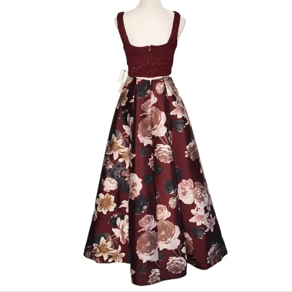 Burgundy Floral 2 Piece Prom Dress Formal Gown Xtraordinary